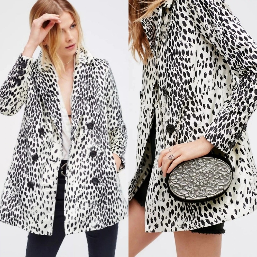 Free People‎ Dalmatian Leopard Coat Jacket In Ivory, Black Women's Sz XS